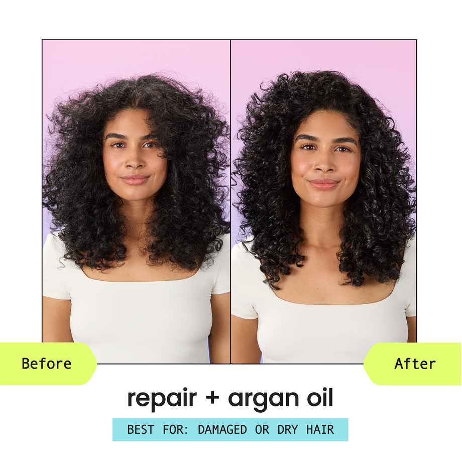 before and after argan oil application on frizzy curly hair, damp hair with oil on ends